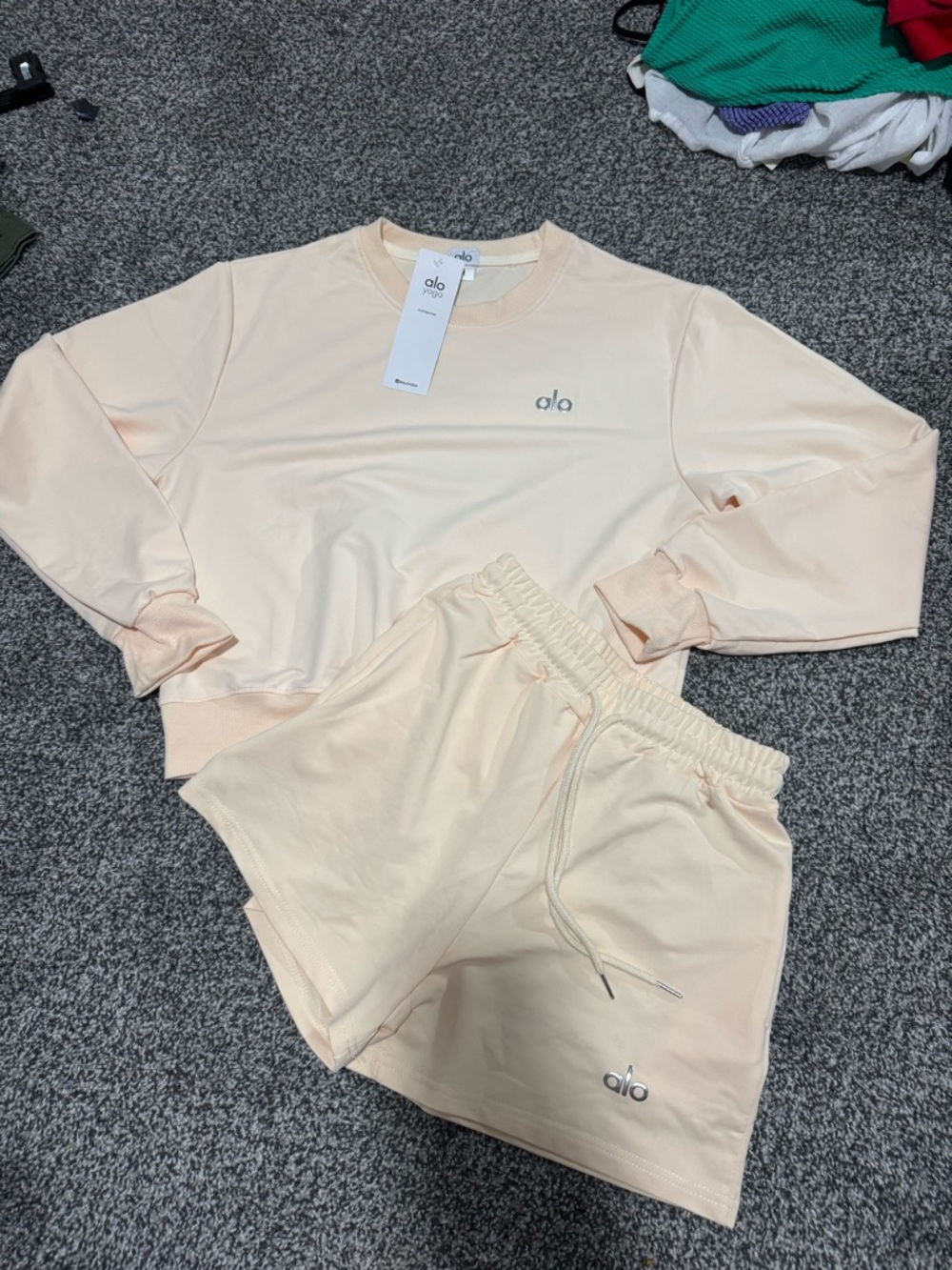 ALO Yoga Accolade Crew Neck Pullover and shorts set macadamia
